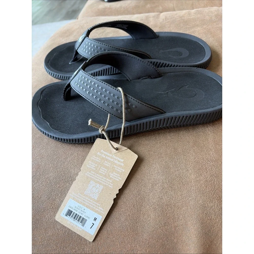 OluKai Ulele Mens Sandals Black Flip Flops 10435-4040 Size 7